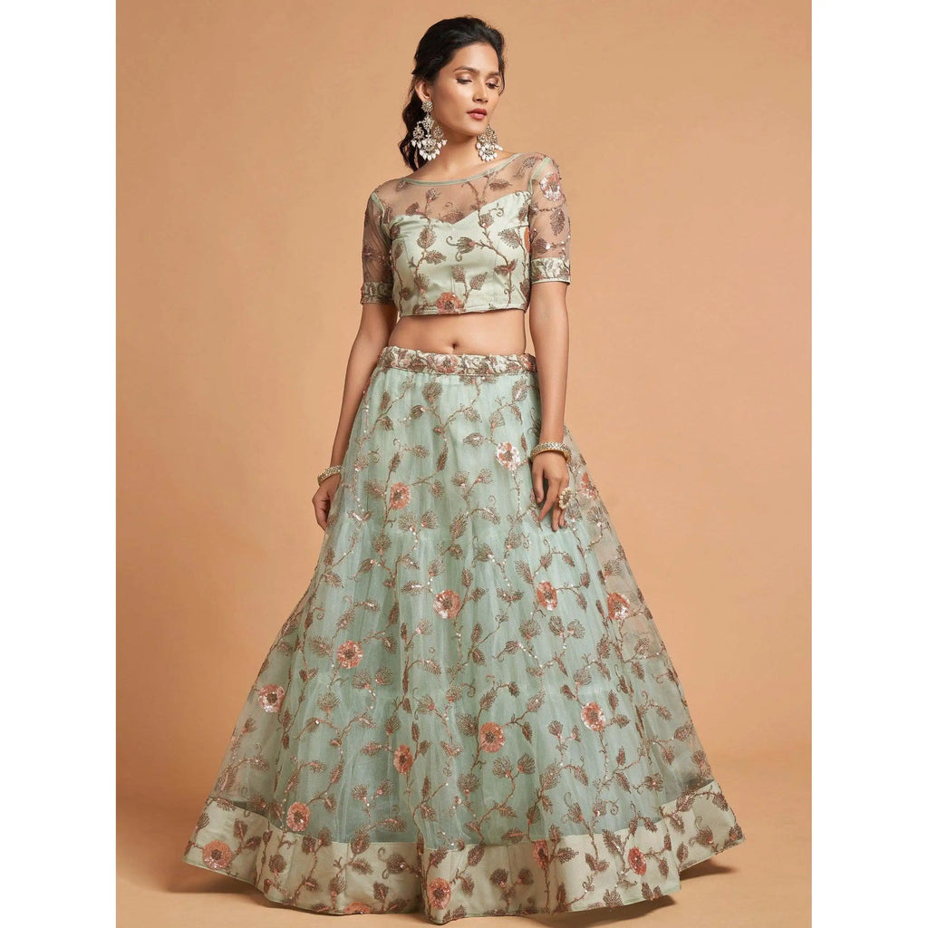 Impressive Pista Green Thread Net Evening Dress Lehenga Choli for Party Wear