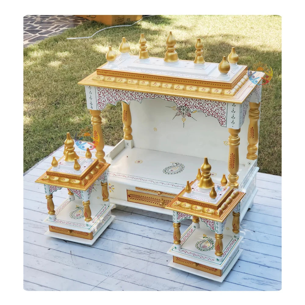 Indian Home Pooja Mandir in Mango Wood Handcrafted Prayer Temple with Carved Pillars and Storage Drawer for Ritual Use