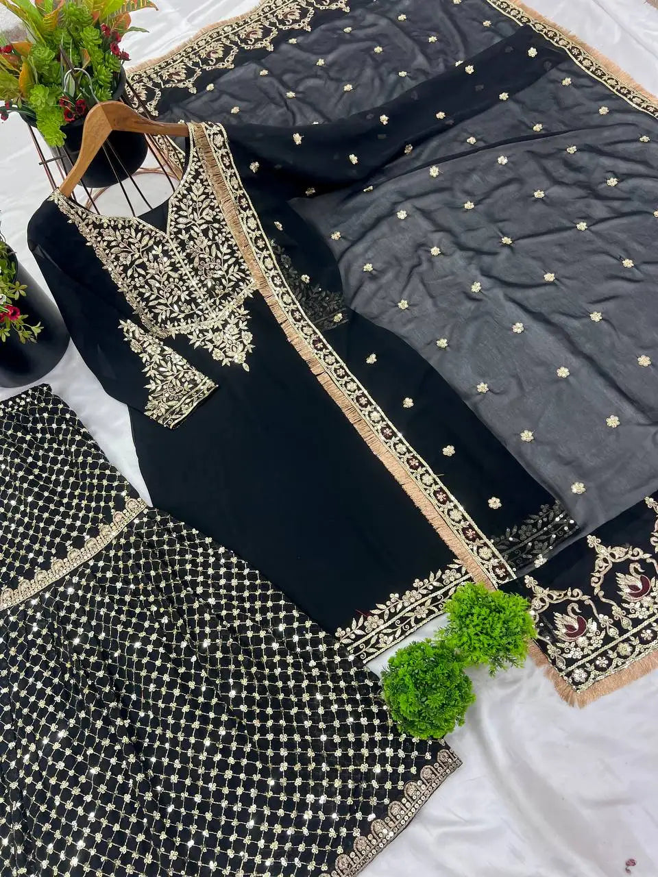Indian Pakistani Designer Readymade Ethnic Wear Set 3-Pcs Sharara Gharara Kurti Stitched Design Embroidered Georgette Fabric