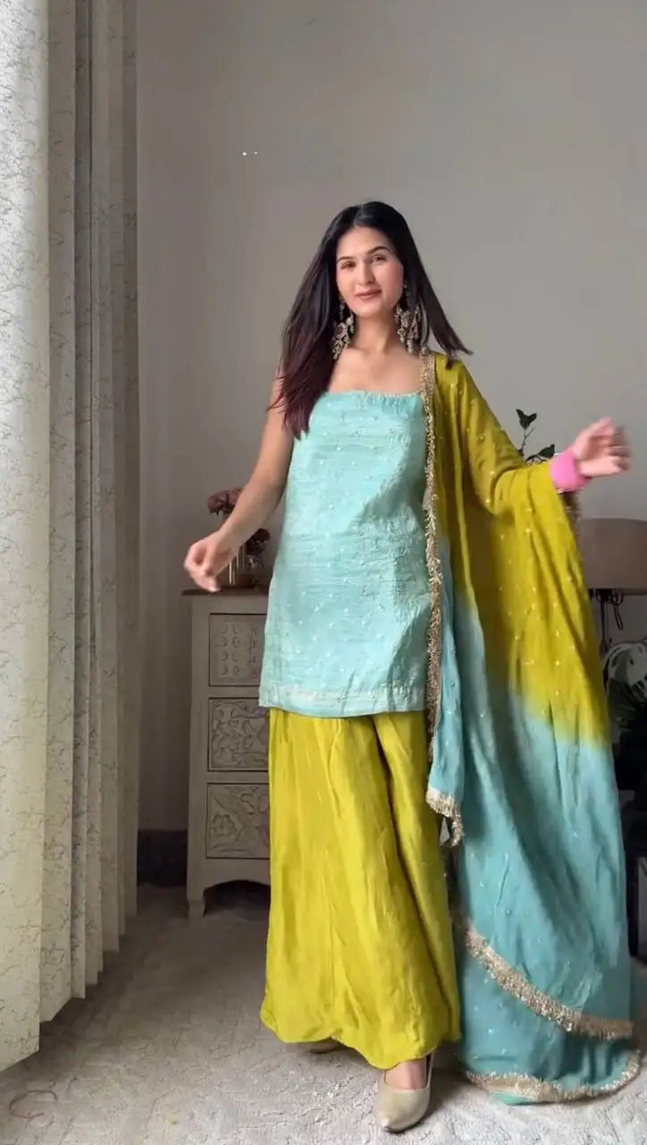 Fancy  Indian and Pakistani Clothing Chinon Silk Sequence Embroidered Work Top and Plazzo with Dupatta