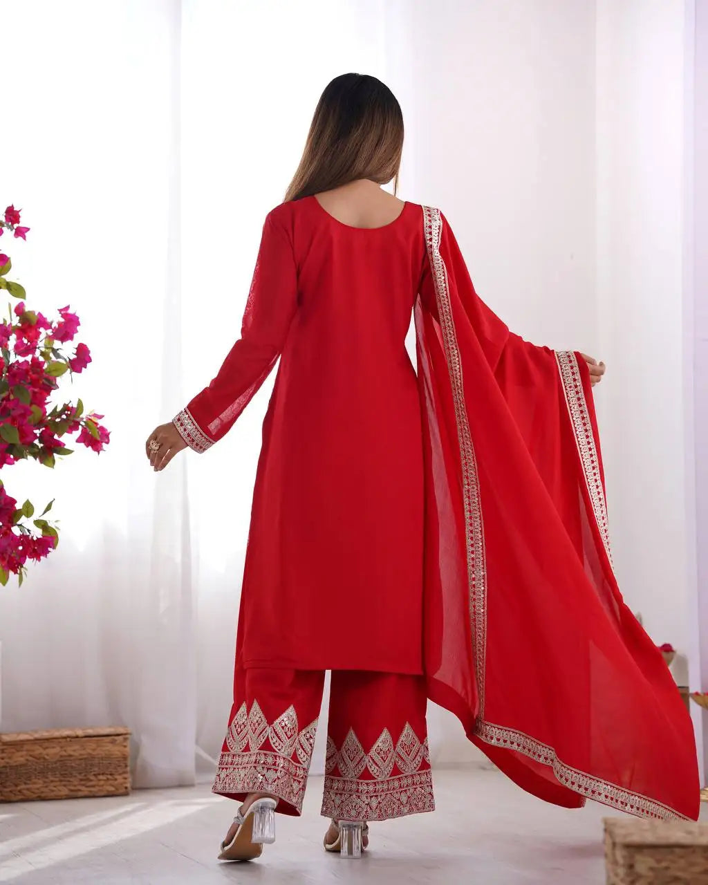 Women's Modern Style Rayon Fabric Nayra Cut Kurti Pant Dupatta Best Quality Heavy Embroidery Sequence Work Party Wear Indian