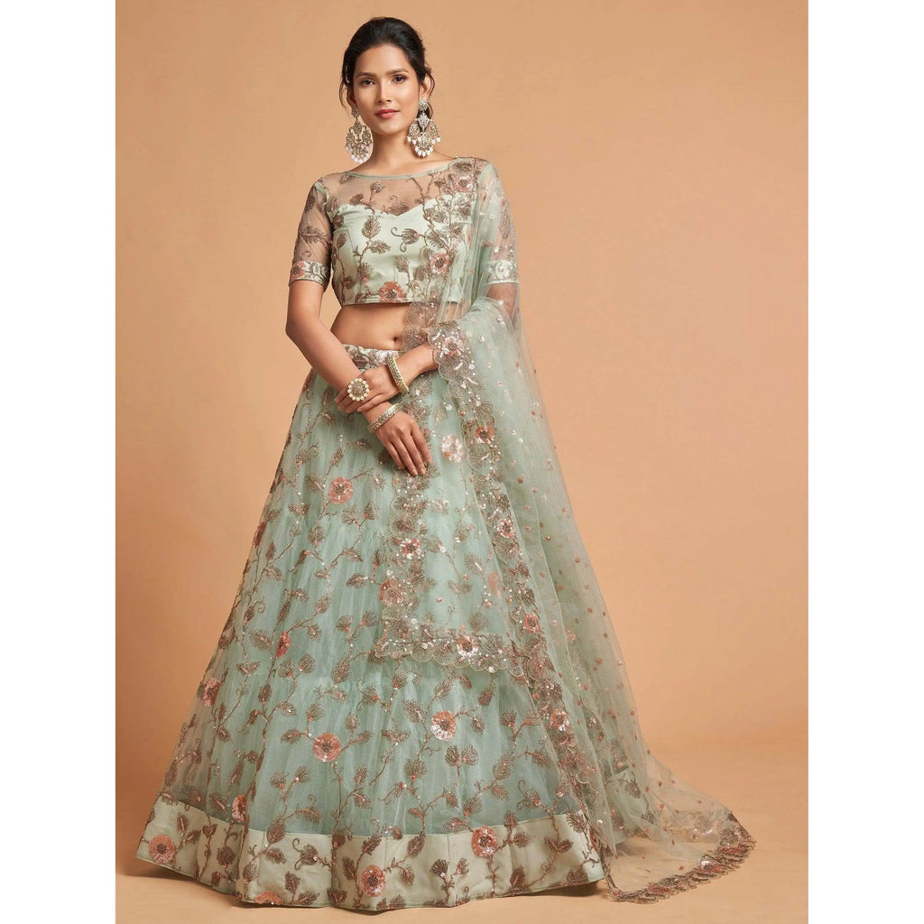 Impressive Pista Green Thread Net Evening Dress Lehenga Choli for Party Wear