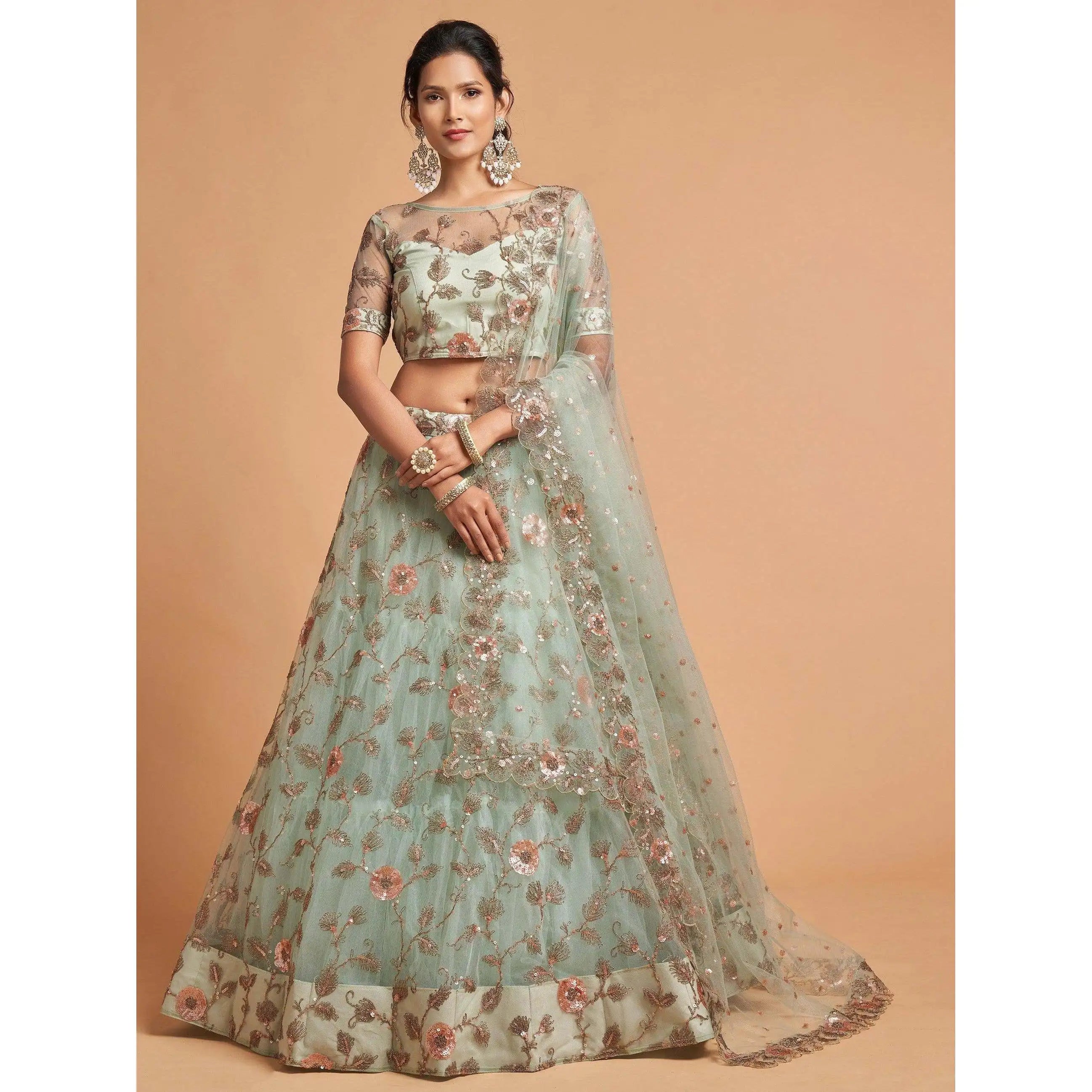 Impressive Pista Green Thread Net Evening Dress Lehenga Choli for Party Wear