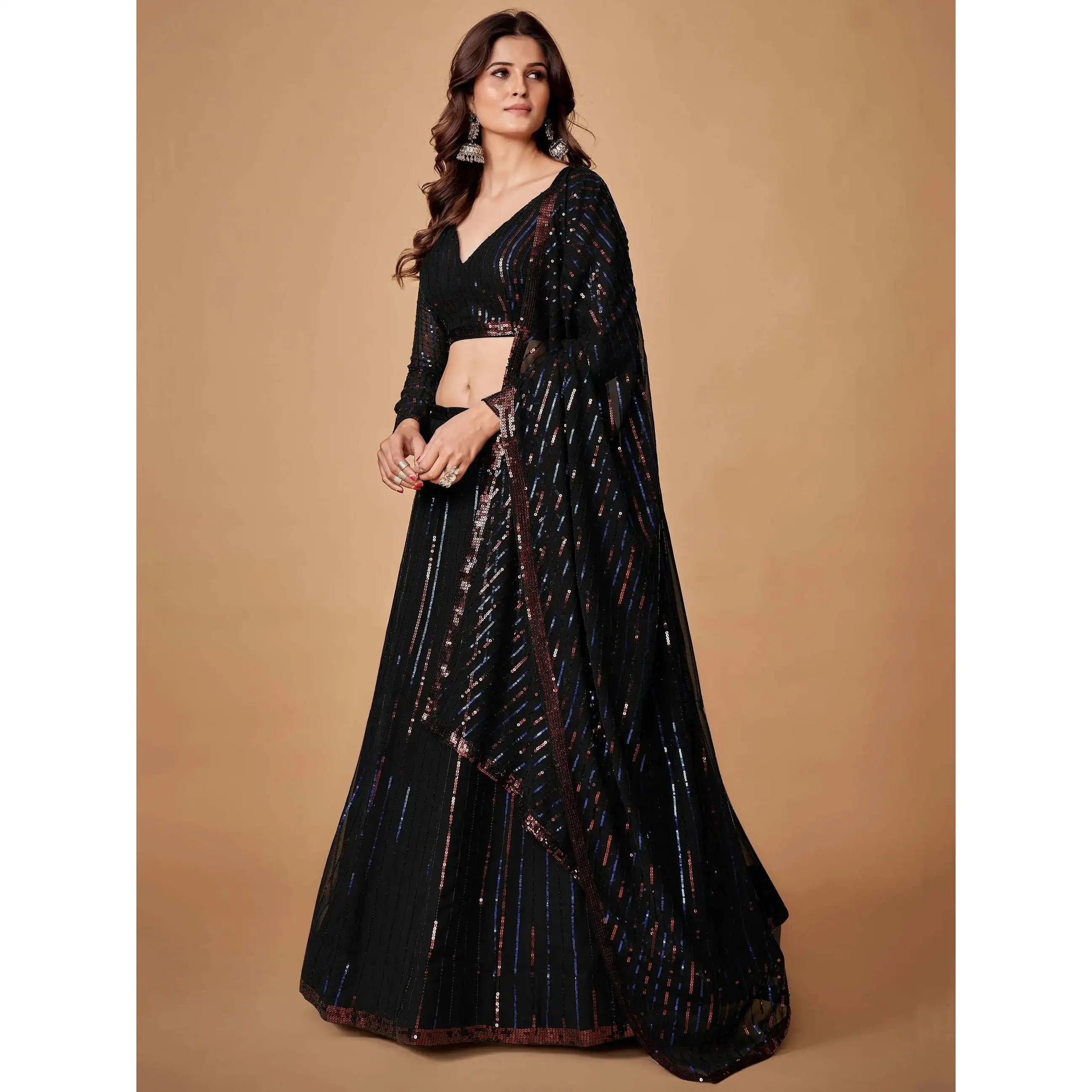 Charming Black Sequins Georgette Evening Dress Party Wear Lehenga Choli with Dupatta