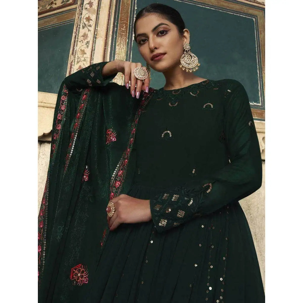 Green Sequins Embellished Georgette Ball Gown Evening Reception Wear Formal Party Dress From XS XL Empire Waistline Floor-Length