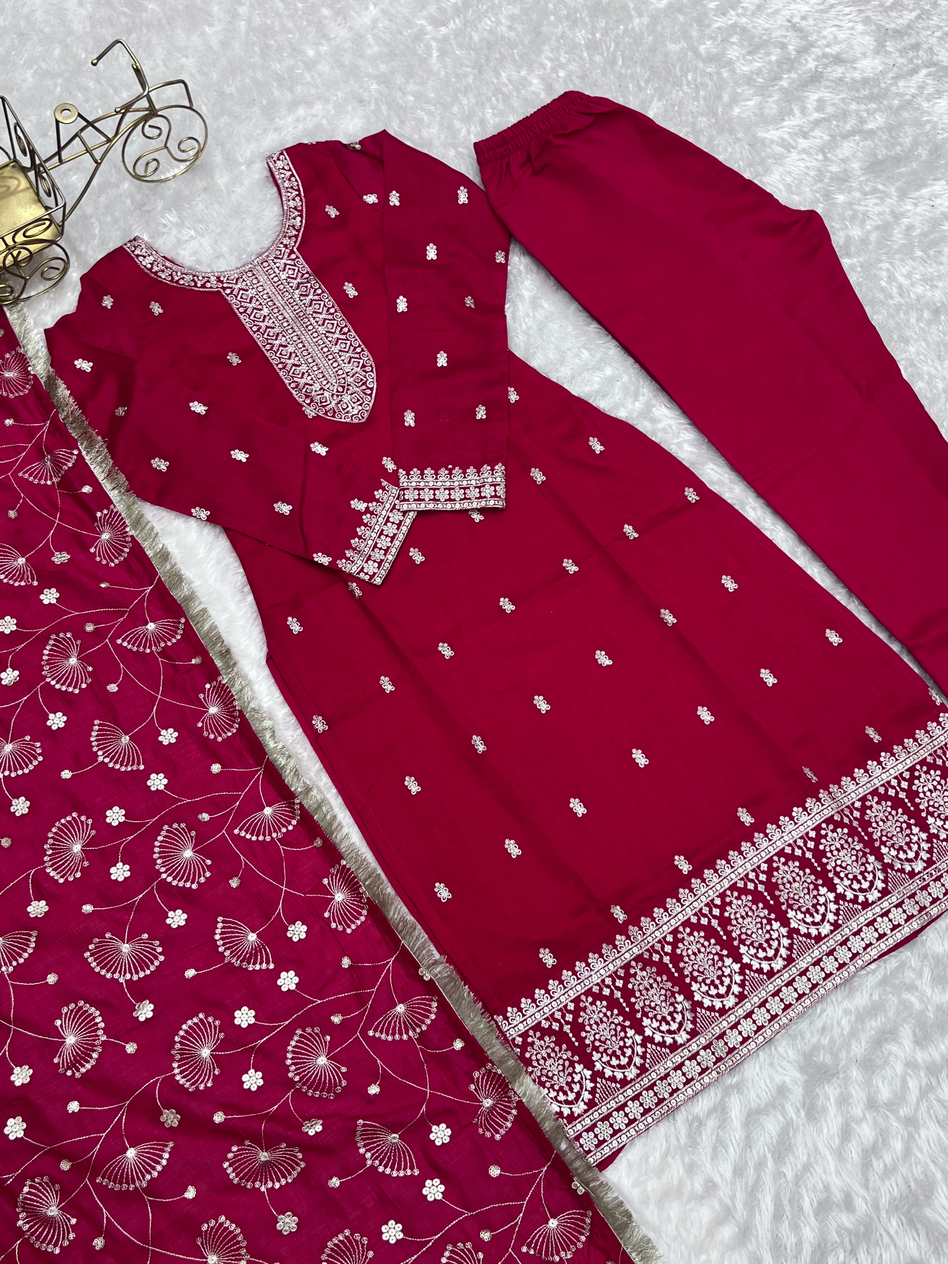 Women's Modern Style Rayon Fabric Nayra Cut Silk Suit Heavy Embroidery Sequence Work Best Quality Party Wear Dupatta Pant Indian