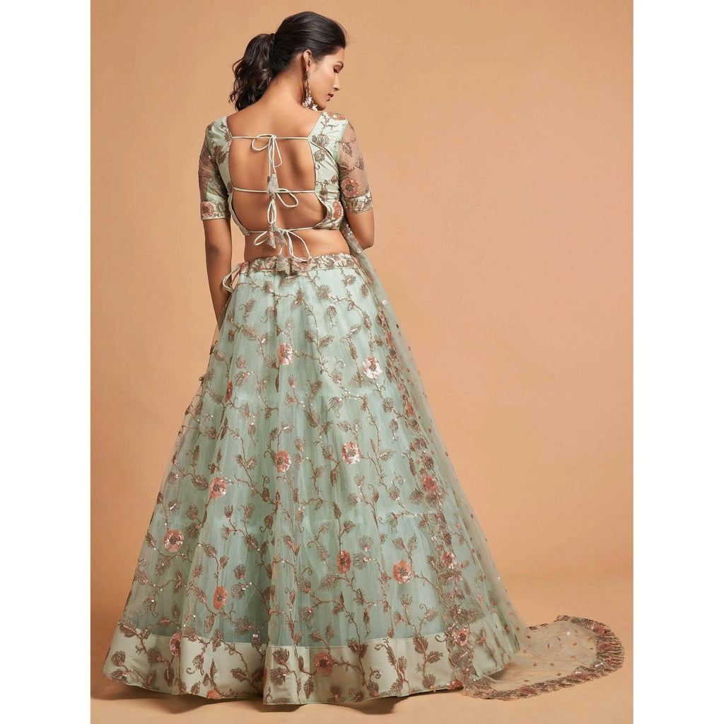 Impressive Pista Green Thread Net Evening Dress Lehenga Choli for Party Wear