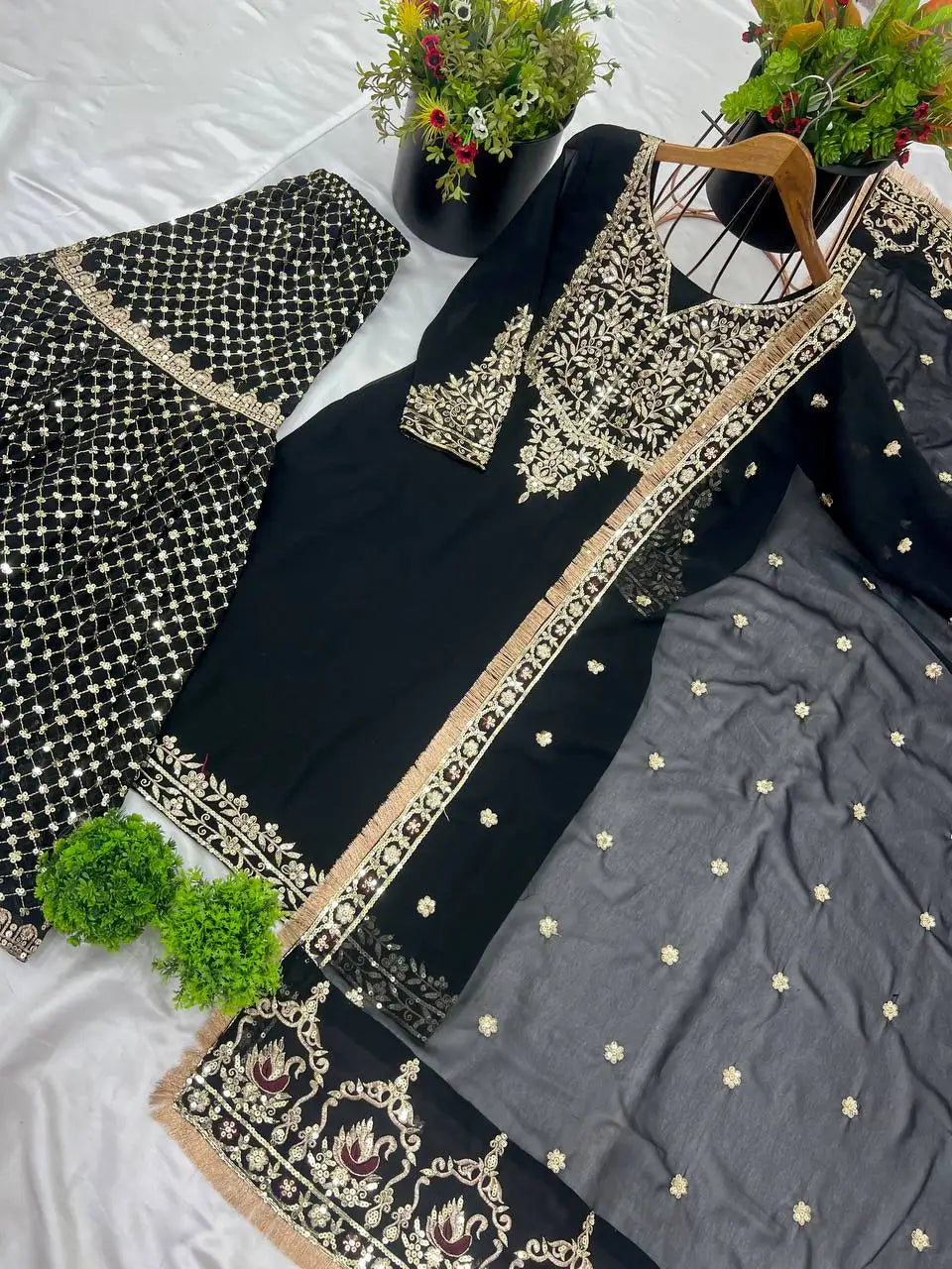 Indian Pakistani Designer Readymade Ethnic Wear Set 3-Pcs Sharara Gharara Kurti Stitched Design Embroidered Georgette Fabric