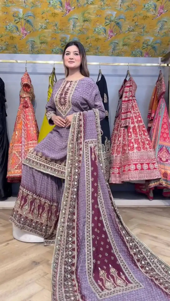 Designer Exclusive Printed Top Sarara with Dupatta Set for Indian & Pakistani Wedding Party Diwali-Wrinkle Free All Seasons Wear