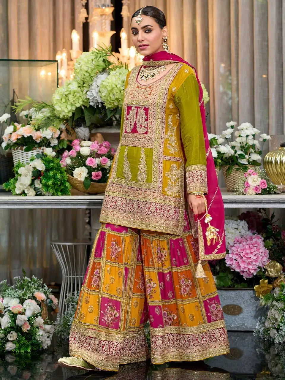 Green Zardosi and Sequins Embroidered Sharara Suit with Dupatta for Women Indian Wedding Party and Festival Outfit