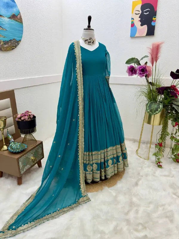 Indian Traditional Wear Faux Blooming with Multi Sequins Embroidered Work Long Beautiful Anarkali Gowns for women Wedding Wear