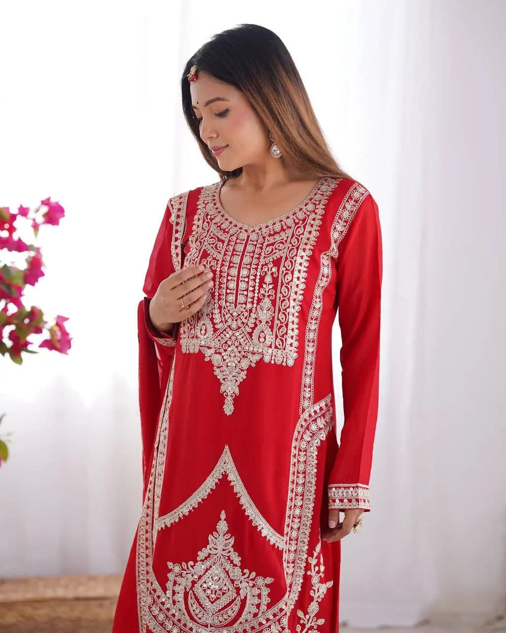 Women's Modern Style Rayon Fabric Nayra Cut Kurti Pant Dupatta Best Quality Heavy Embroidery Sequence Work Party Wear Indian