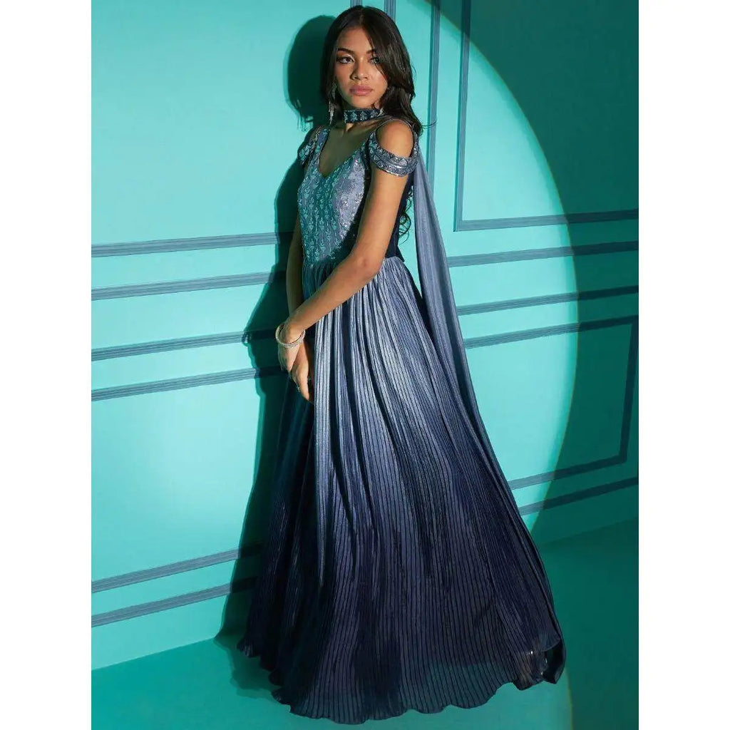 Charming XL Size Grey Embroidered Chinon Reception Gown Elegant Wedding Wear