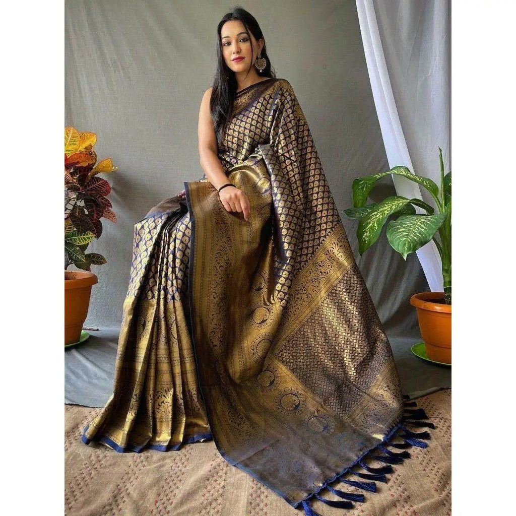 Astonishing Blue Woven Kanjivaram Silk Evening Dress Saree with Blouse for Special Occasions
