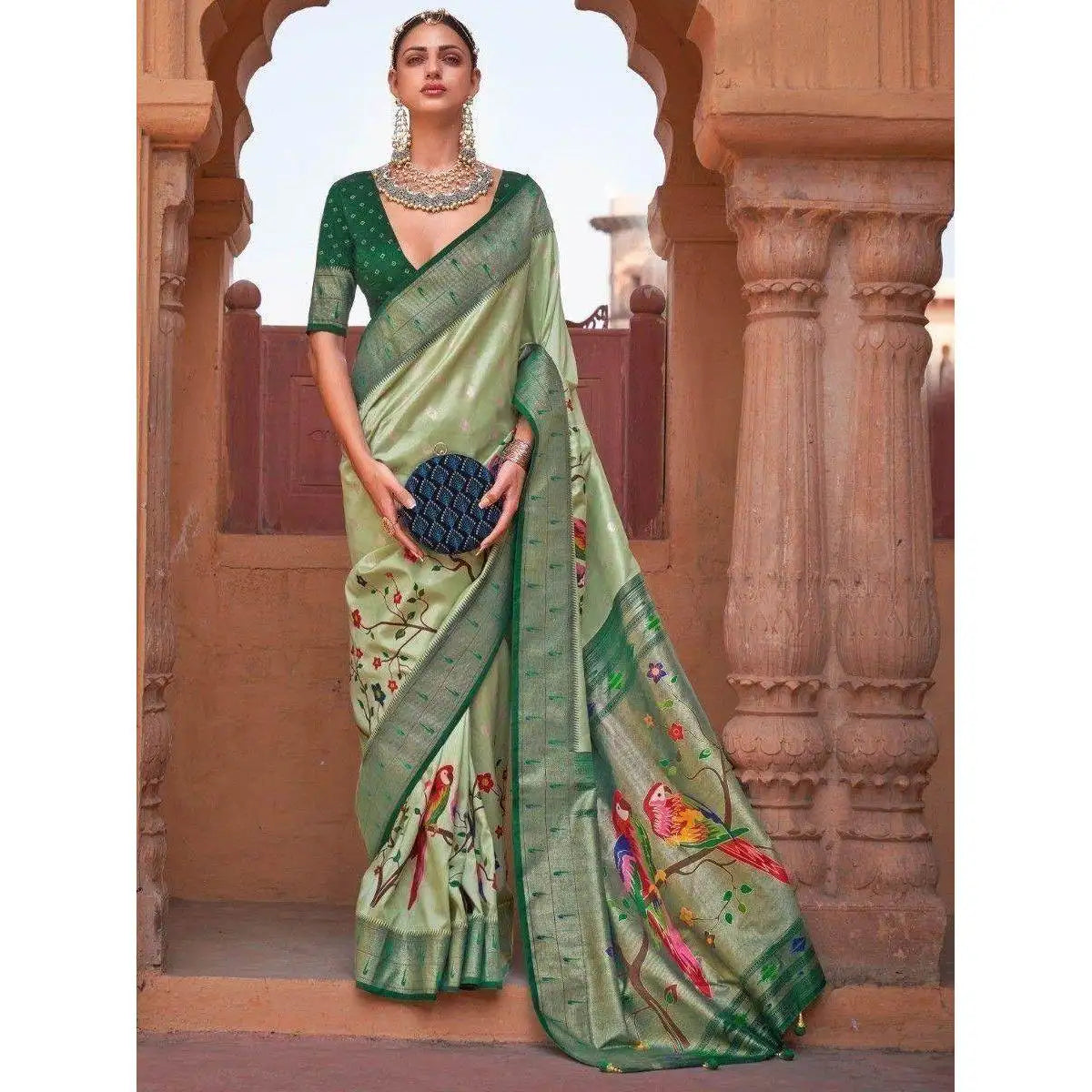 Exquisite Light Green Paithani Printed Silk Saree for Evening Occasions
