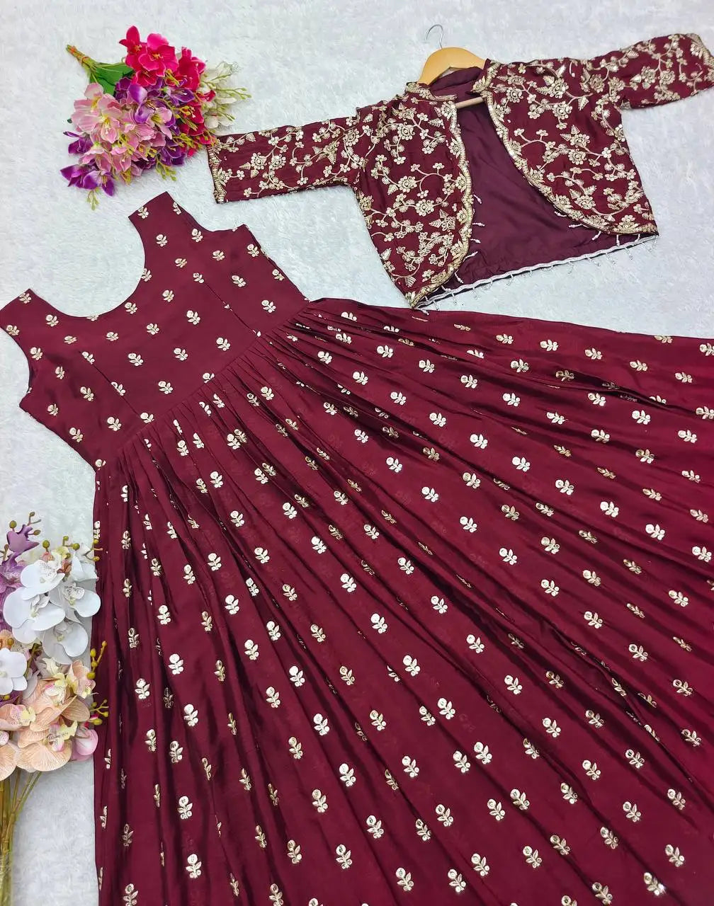 Indian Traditional Wear Faux Blooming with Multi Sequins Embroidered Work Long Beautiful Anarkali Gowns for women Wedding Wear