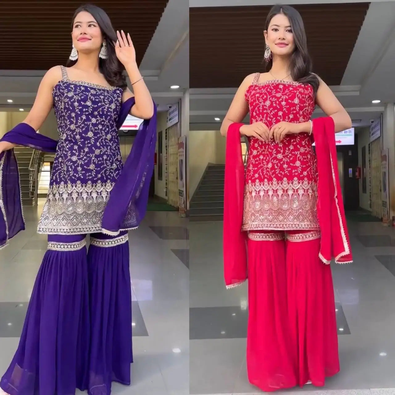 Women's Foux Gorgette Dupatta with Thread Sequence Reversible Party Wedding Diwali Indian & Pakistani Clothing