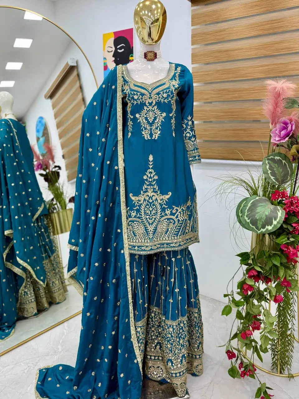 Indian Sequin Embroidered 3-Pcs Set Ethnic Wear Georgette Sharara Gharara Kurti Dupatta Pakistani Designer Ready-Made Silk Dress