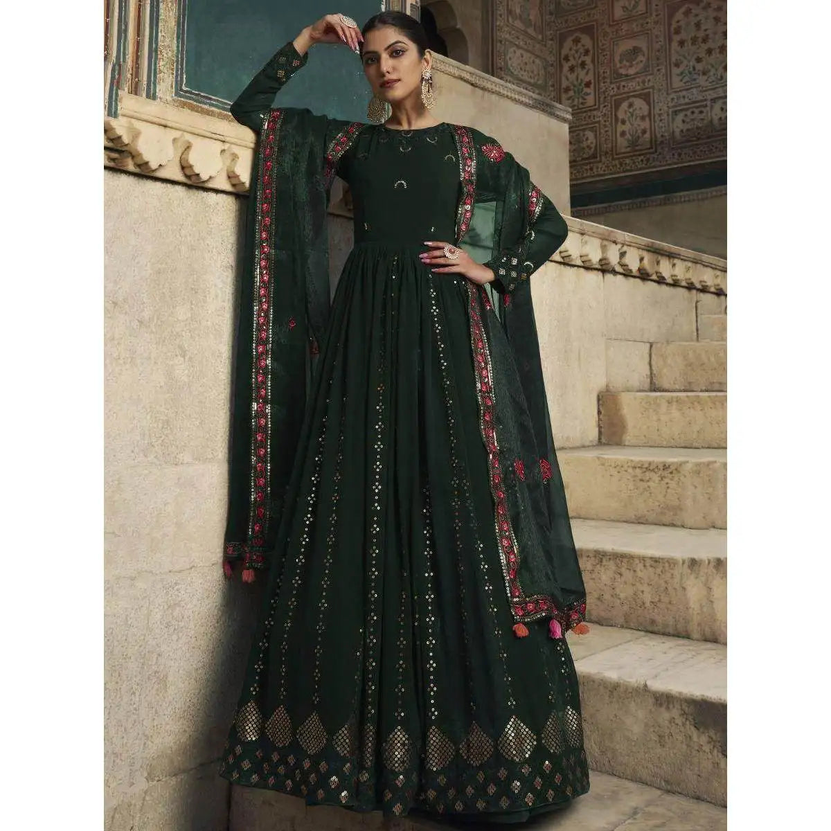 Green Sequins Embellished Georgette Ball Gown Evening Reception Wear Formal Party Dress From XS XL Empire Waistline Floor-Length