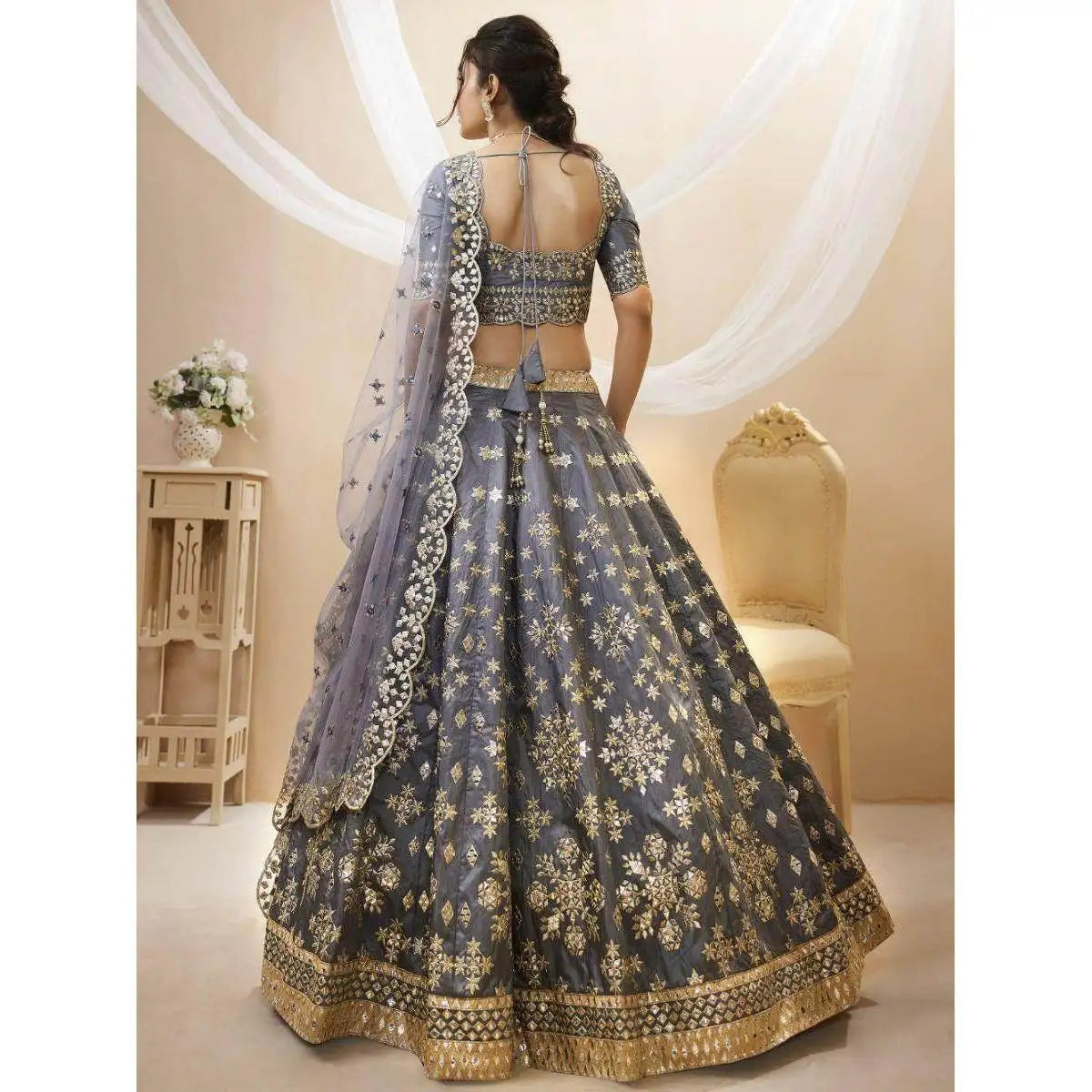 Marvelous Grey Art Silk Reception Wear Lehenga Choli with Mirror Work Evening Dresses for Women