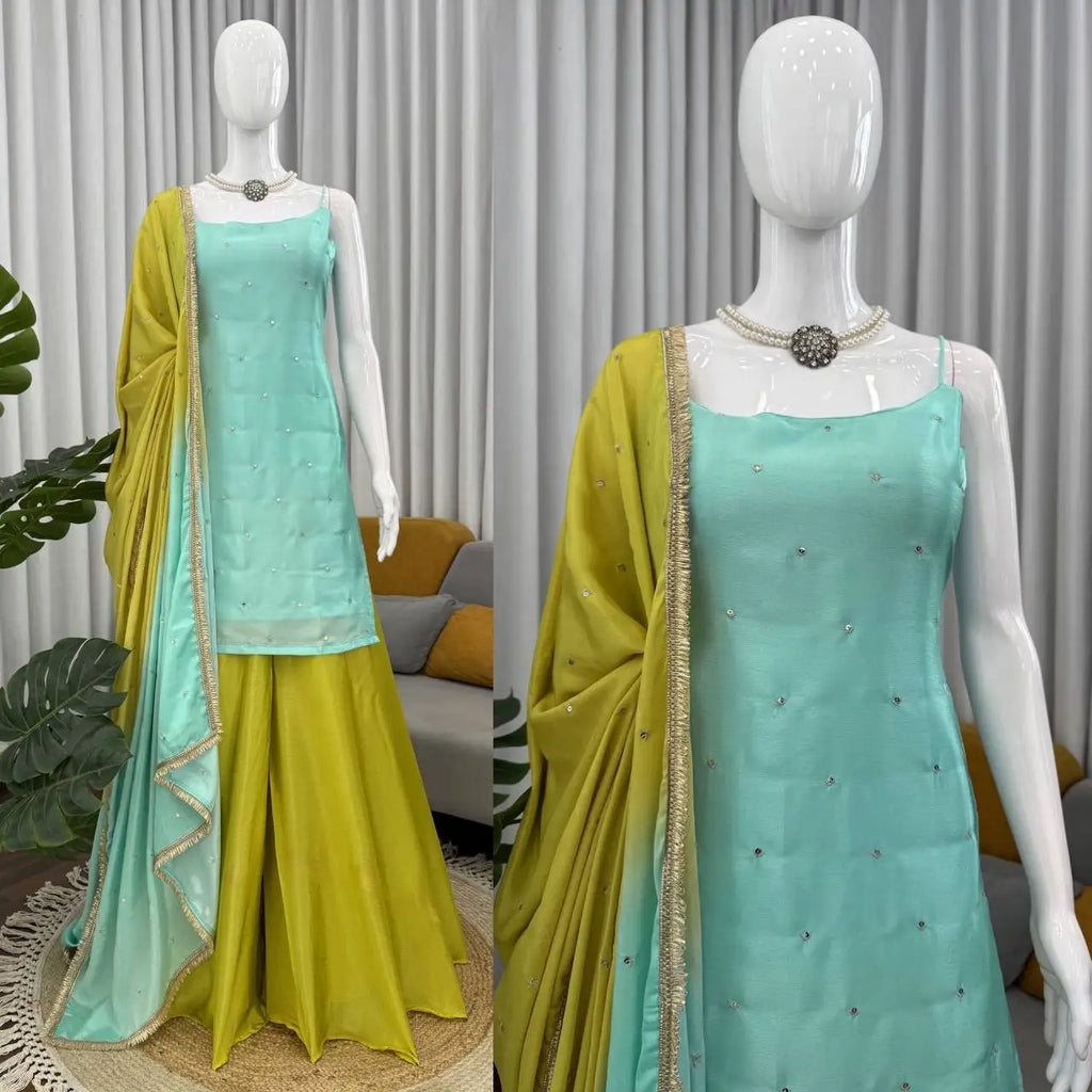 Fancy  Indian and Pakistani Clothing Chinon Silk Sequence Embroidered Work Top and Plazzo with Dupatta