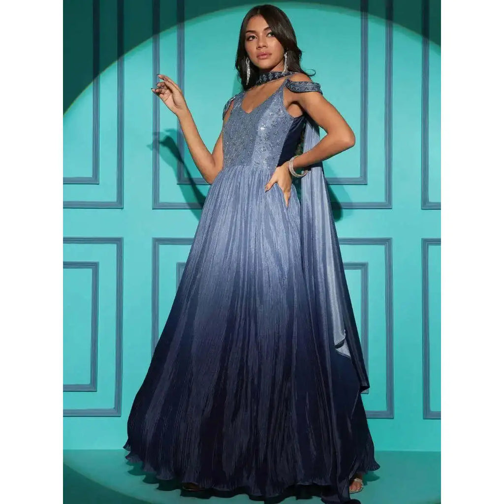 Charming XL Size Grey Embroidered Chinon Reception Gown Elegant Wedding Wear