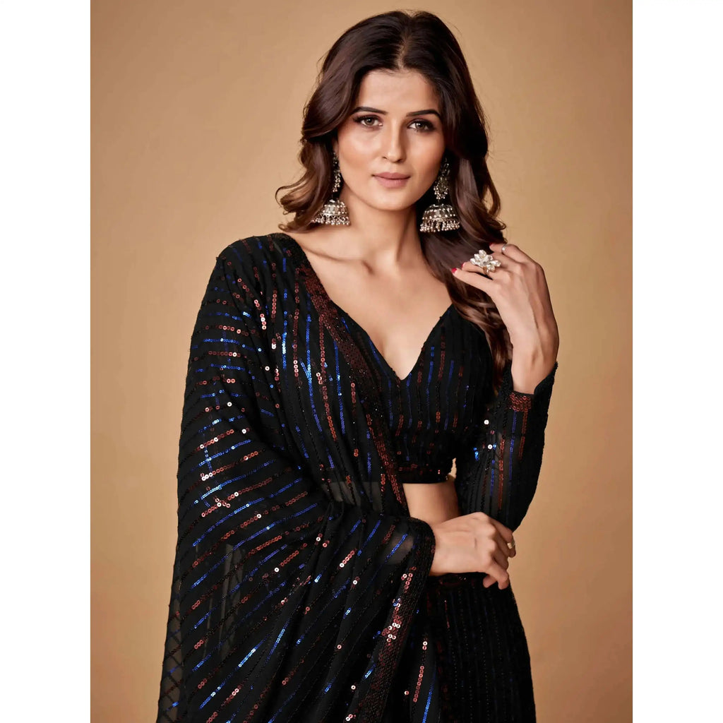 Charming Black Sequins Georgette Evening Dress Party Wear Lehenga Choli with Dupatta