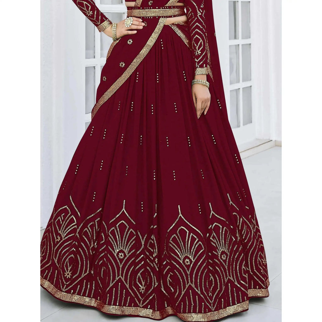 Maroon Sequins Georgette Evening Dresses Elegant Lehenga Choli for Wedding Wear