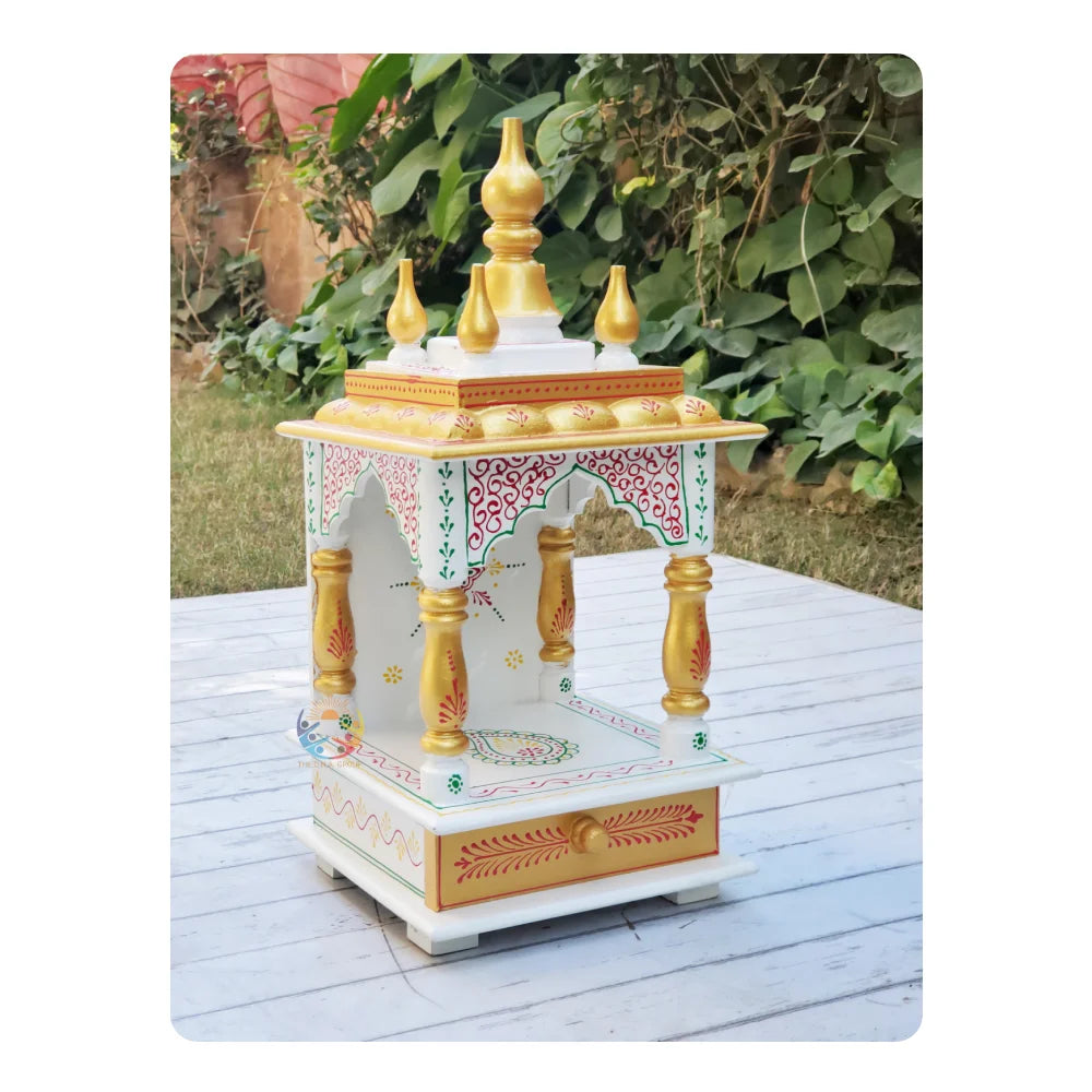 Indian Home Pooja Mandir in Mango Wood Handcrafted Prayer Temple with Carved Pillars and Storage Drawer for Ritual Use