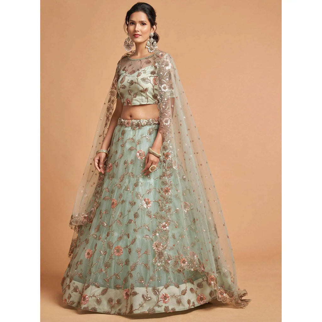 Impressive Pista Green Thread Net Evening Dress Lehenga Choli for Party Wear