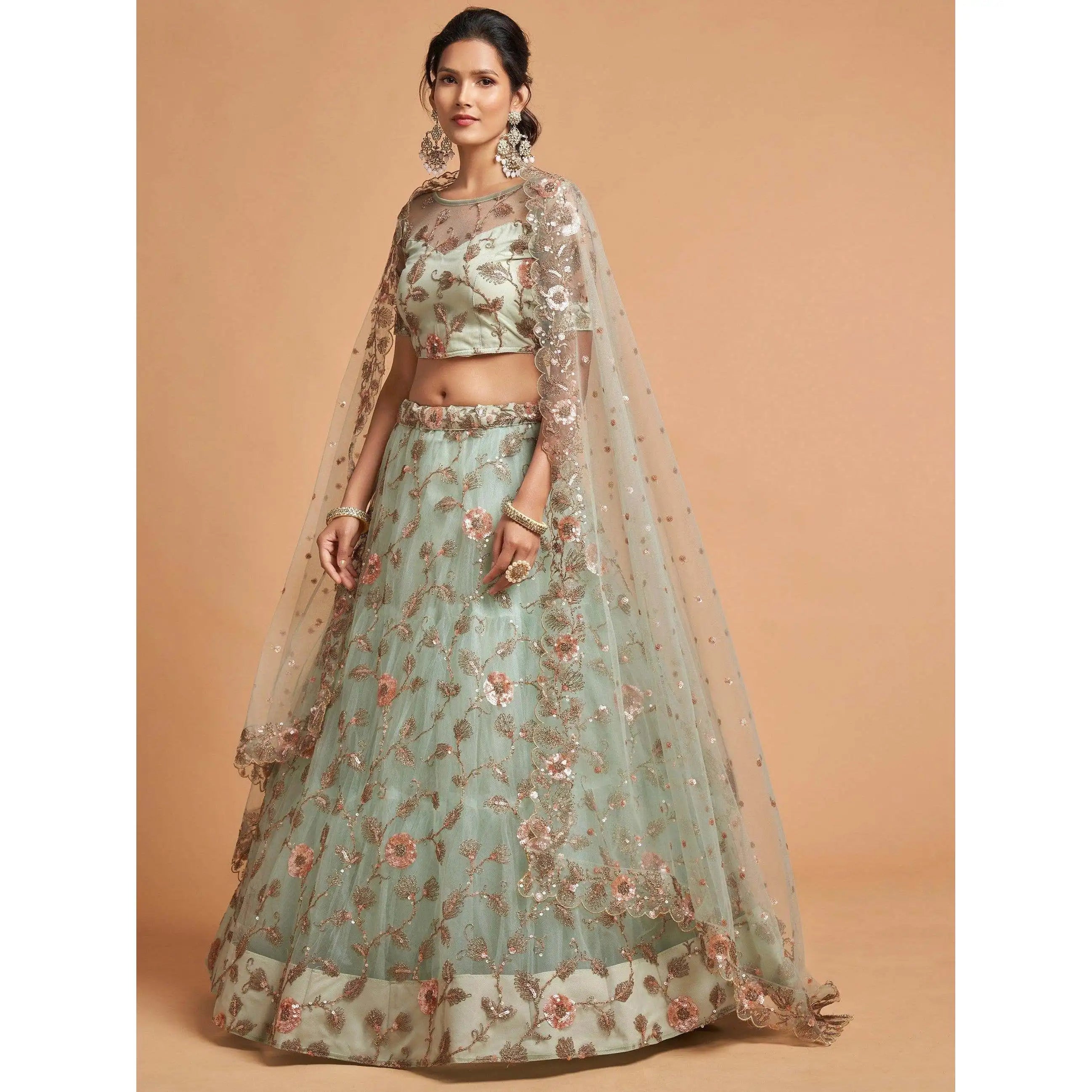 Impressive Pista Green Thread Net Evening Dress Lehenga Choli for Party Wear