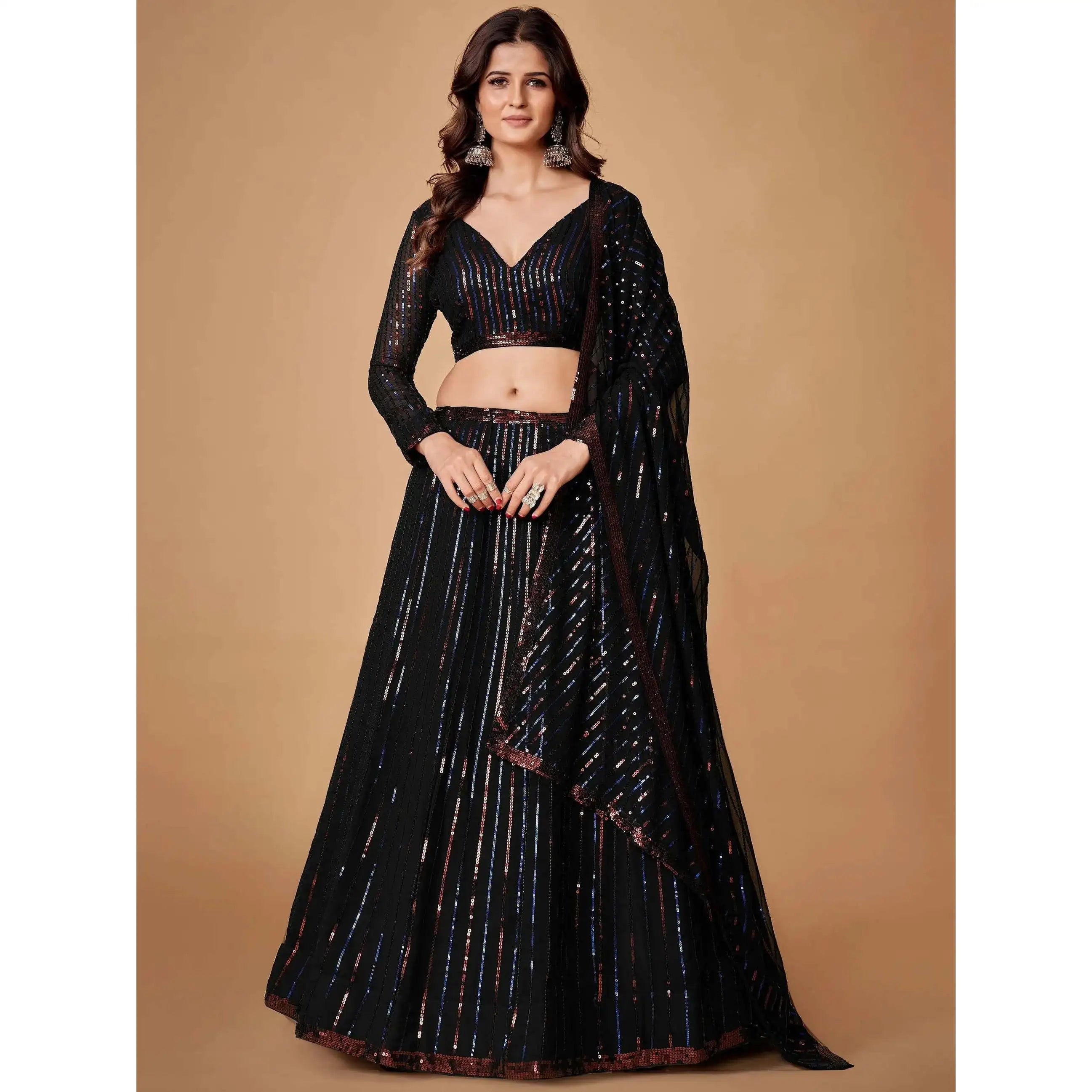 Charming Black Sequins Georgette Evening Dress Party Wear Lehenga Choli with Dupatta