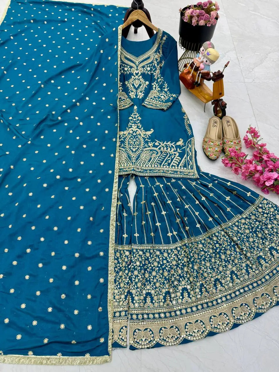 Indian Sequin Embroidered 3-Pcs Set Ethnic Wear Georgette Sharara Gharara Kurti Dupatta Pakistani Designer Ready-Made Silk Dress