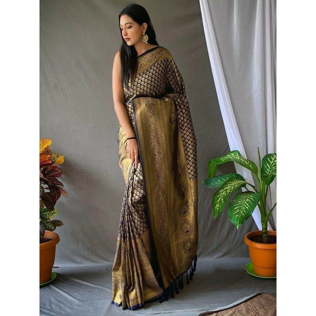 Astonishing Blue Woven Kanjivaram Silk Evening Dress Saree with Blouse for Special Occasions