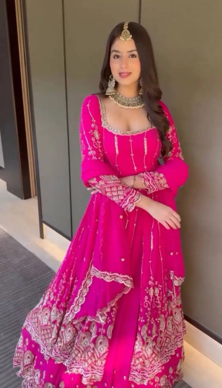 Pink Faux Georgette Embroidered Lehenga Choli Indian & Pakistani Traditional Clothing