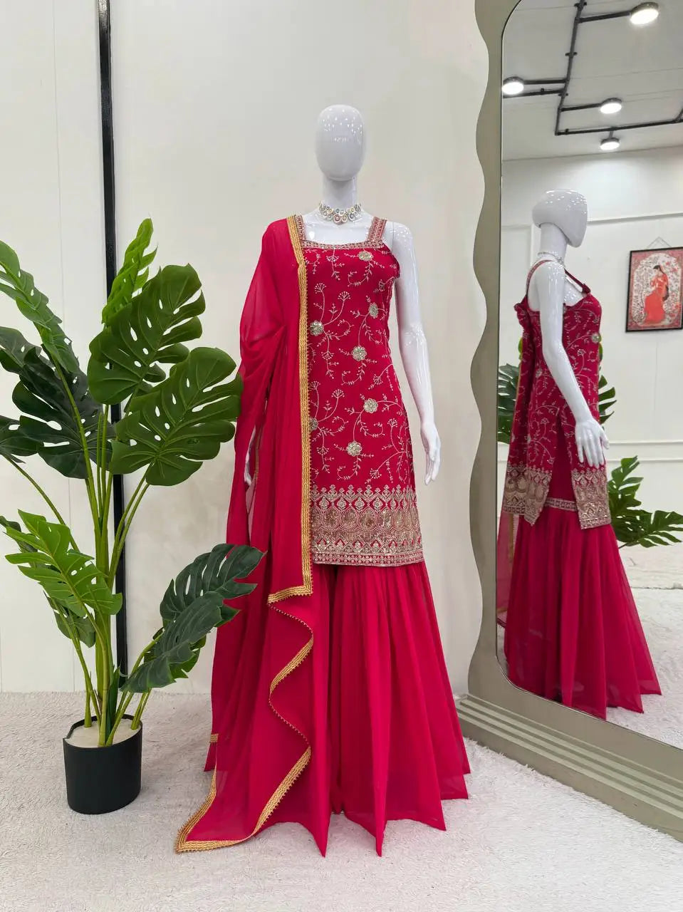 Women's Foux Gorgette Dupatta with Thread Sequence Reversible Party Wedding Diwali Indian & Pakistani Clothing