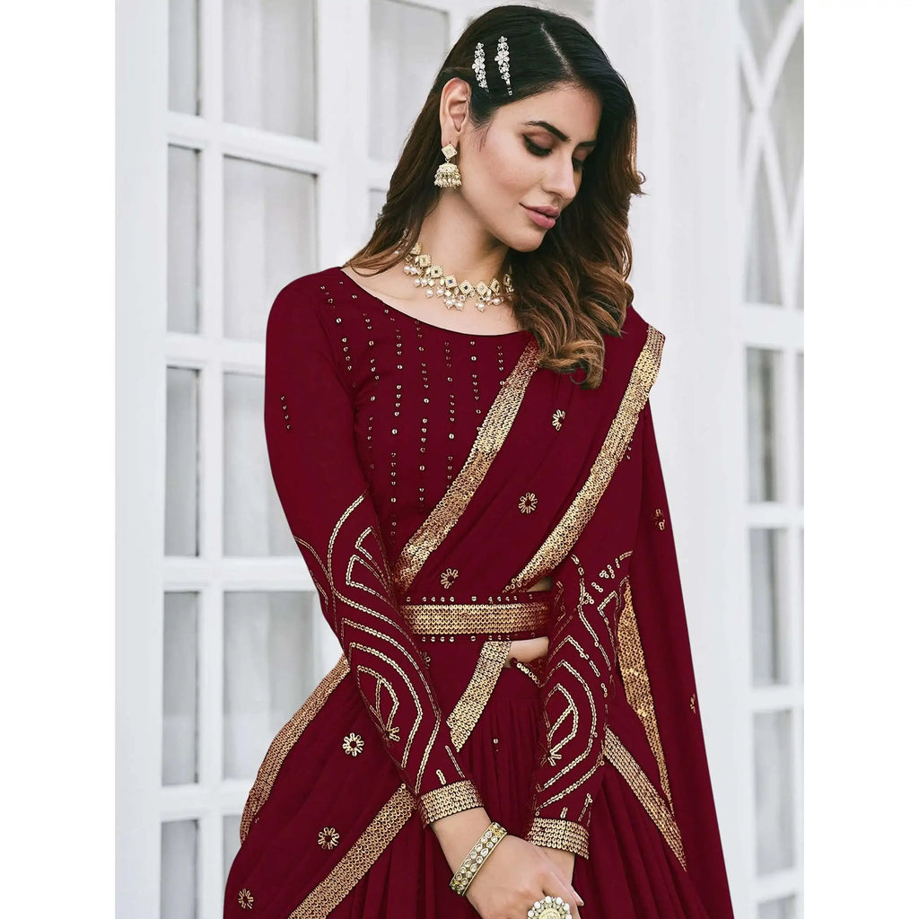 Maroon Sequins Georgette Evening Dresses Elegant Lehenga Choli for Wedding Wear