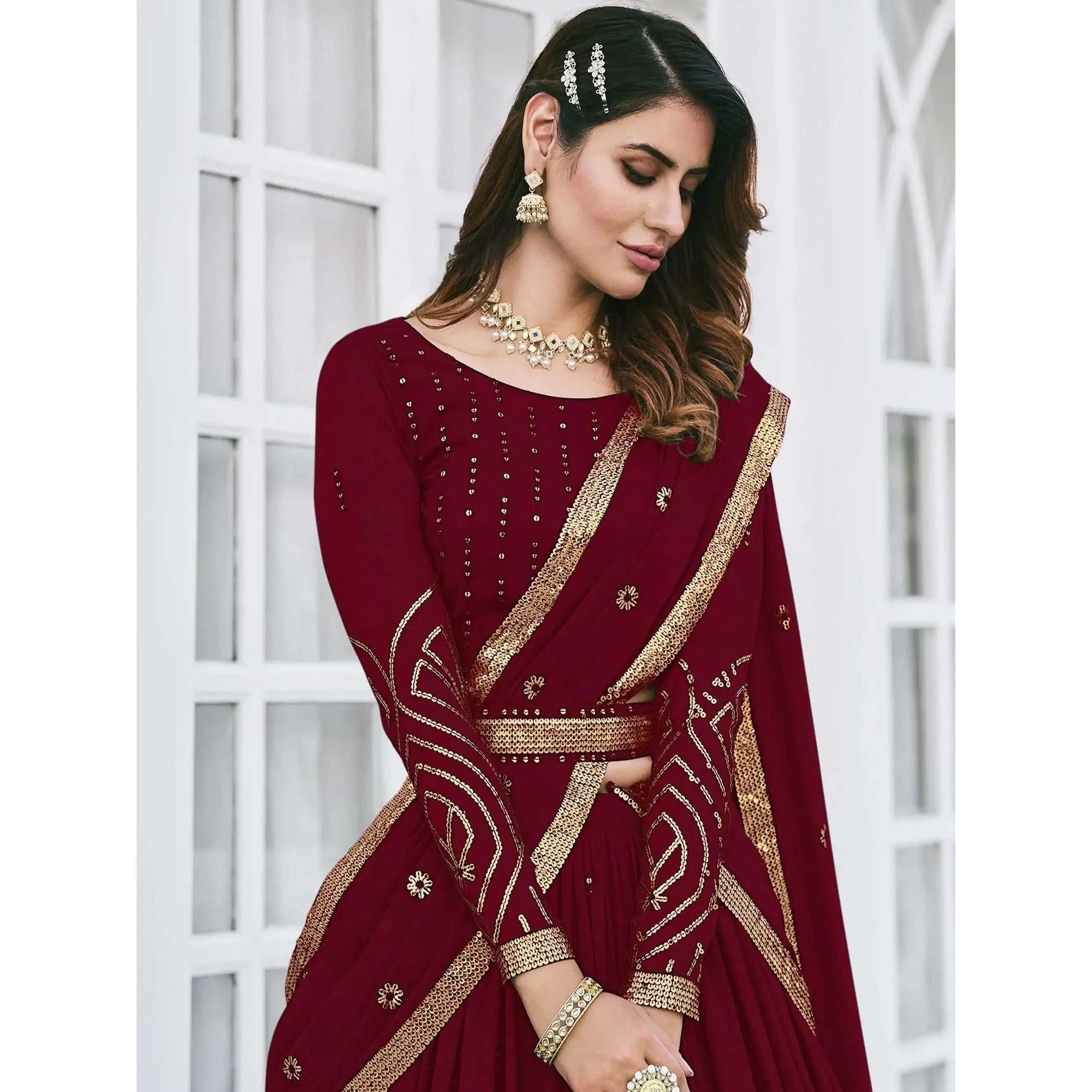 Maroon Sequins Georgette Evening Dresses Elegant Lehenga Choli for Wedding Wear