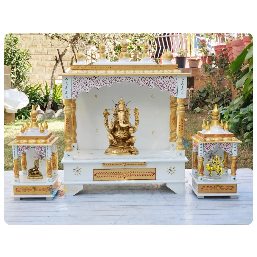 Indian Home Pooja Mandir in Mango Wood Handcrafted Prayer Temple with Carved Pillars and Storage Drawer for Ritual Use