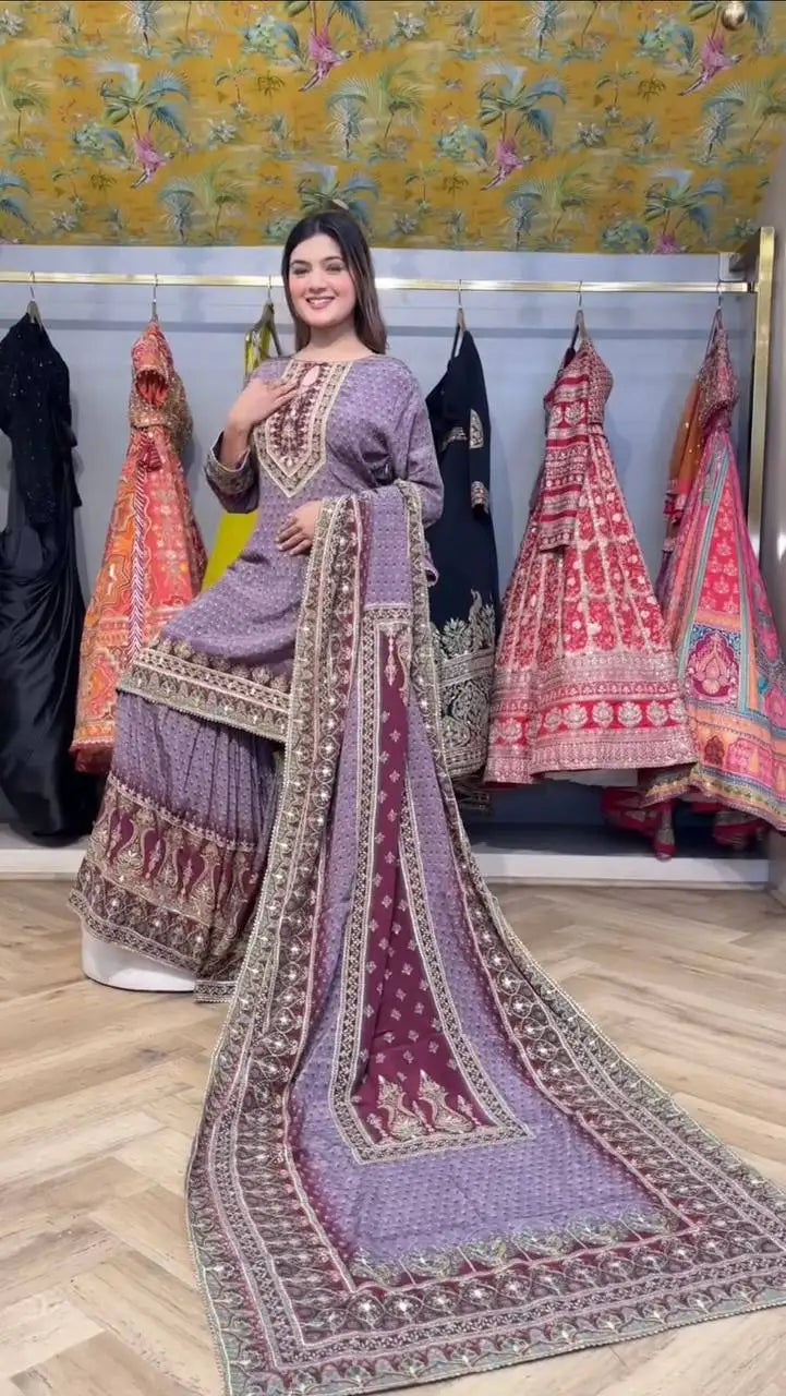 Designer Exclusive Printed Top Sarara with Dupatta Set for Indian & Pakistani Wedding Party Diwali-Wrinkle Free All Seasons Wear