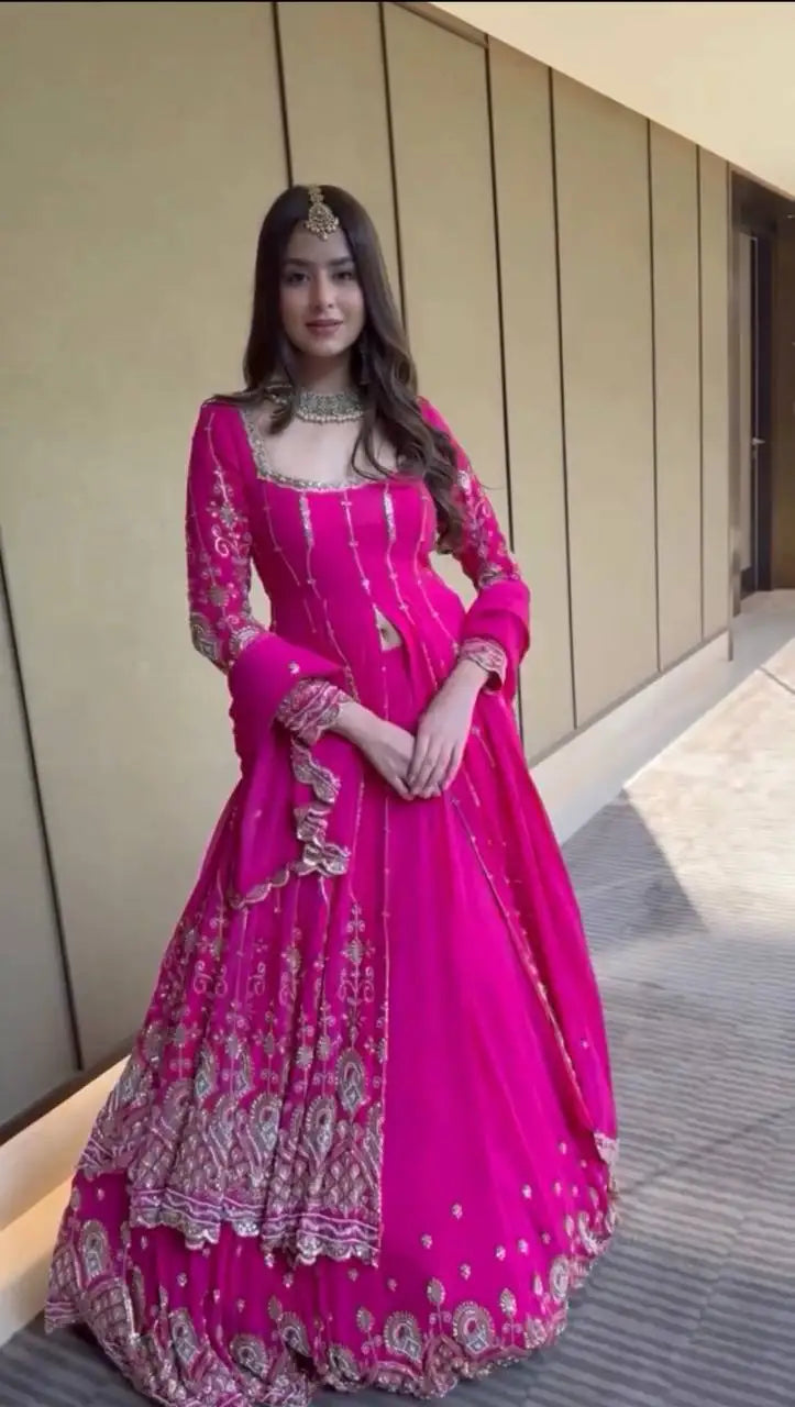 Pink Faux Georgette Embroidered Lehenga Choli Indian & Pakistani Traditional Clothing