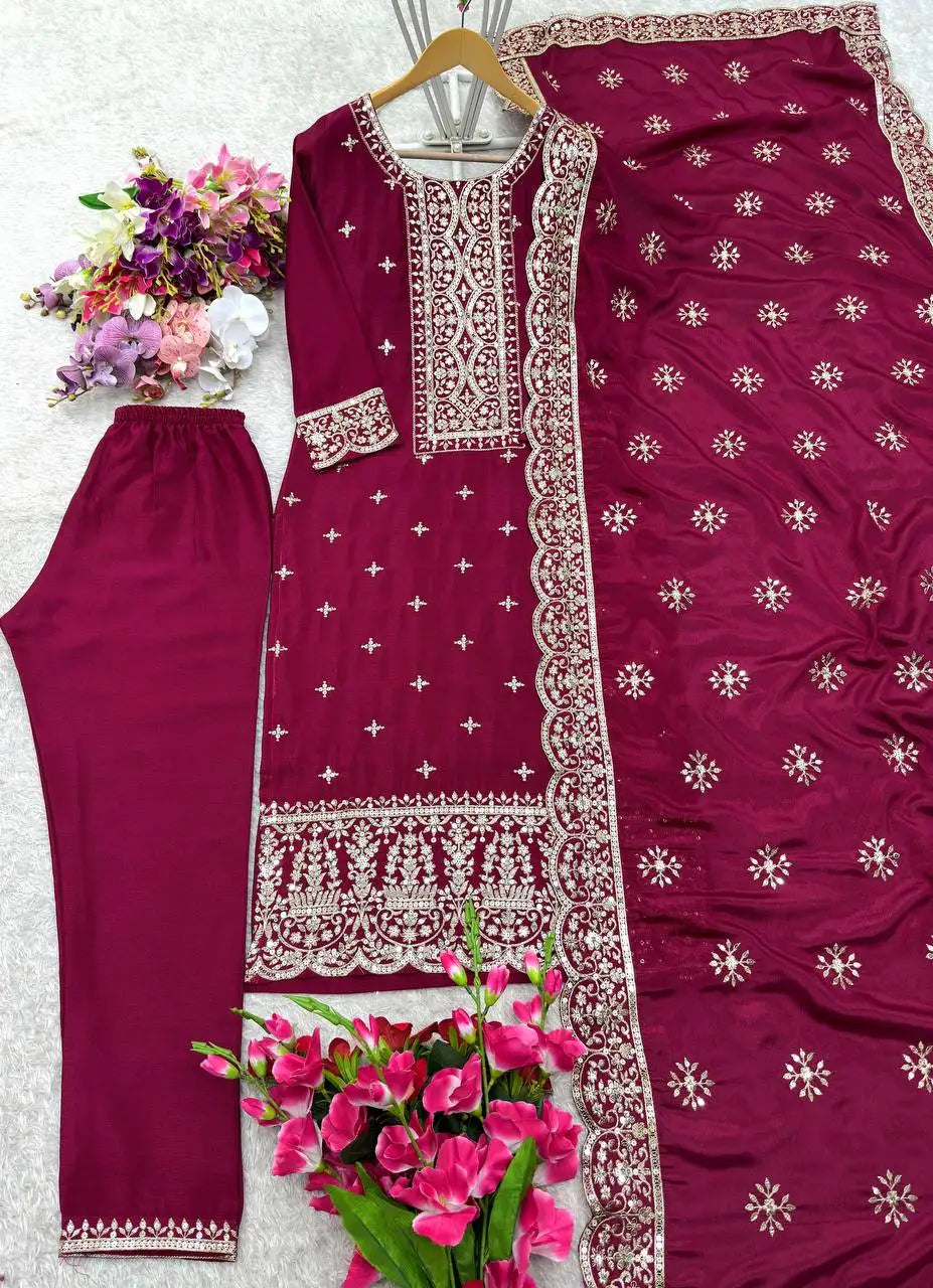 Tennecy's Fully Stitched Vichitra Silk Top-Pent and Dupatta Set New and Ready to Wear for Parties Indian & Pakistani Clothing