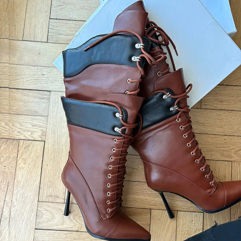 Onlymaker Women Pointed Toe Double Stiletto High Heel Lace Up Mid-Calf Boots