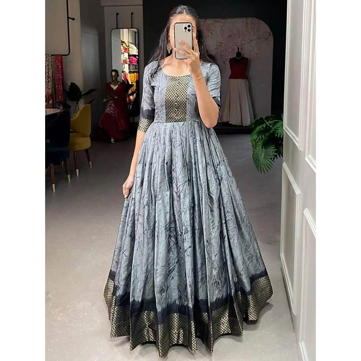 Glamorous Grey Shibori Print Silk Evening Dress Ready-to-Wear Festival Gown