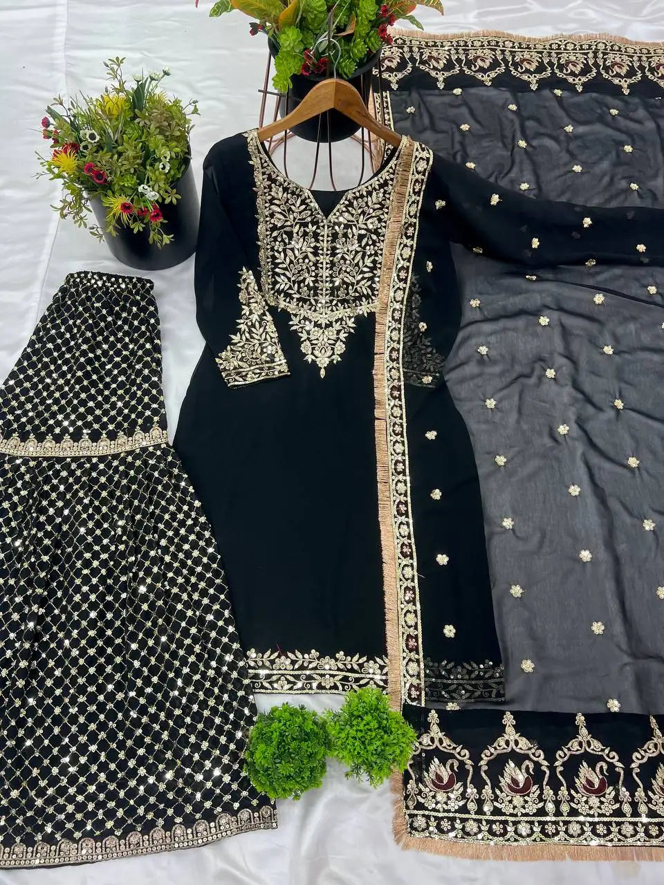 Indian Pakistani Designer Readymade Ethnic Wear Set 3-Pcs Sharara Gharara Kurti Stitched Design Embroidered Georgette Fabric