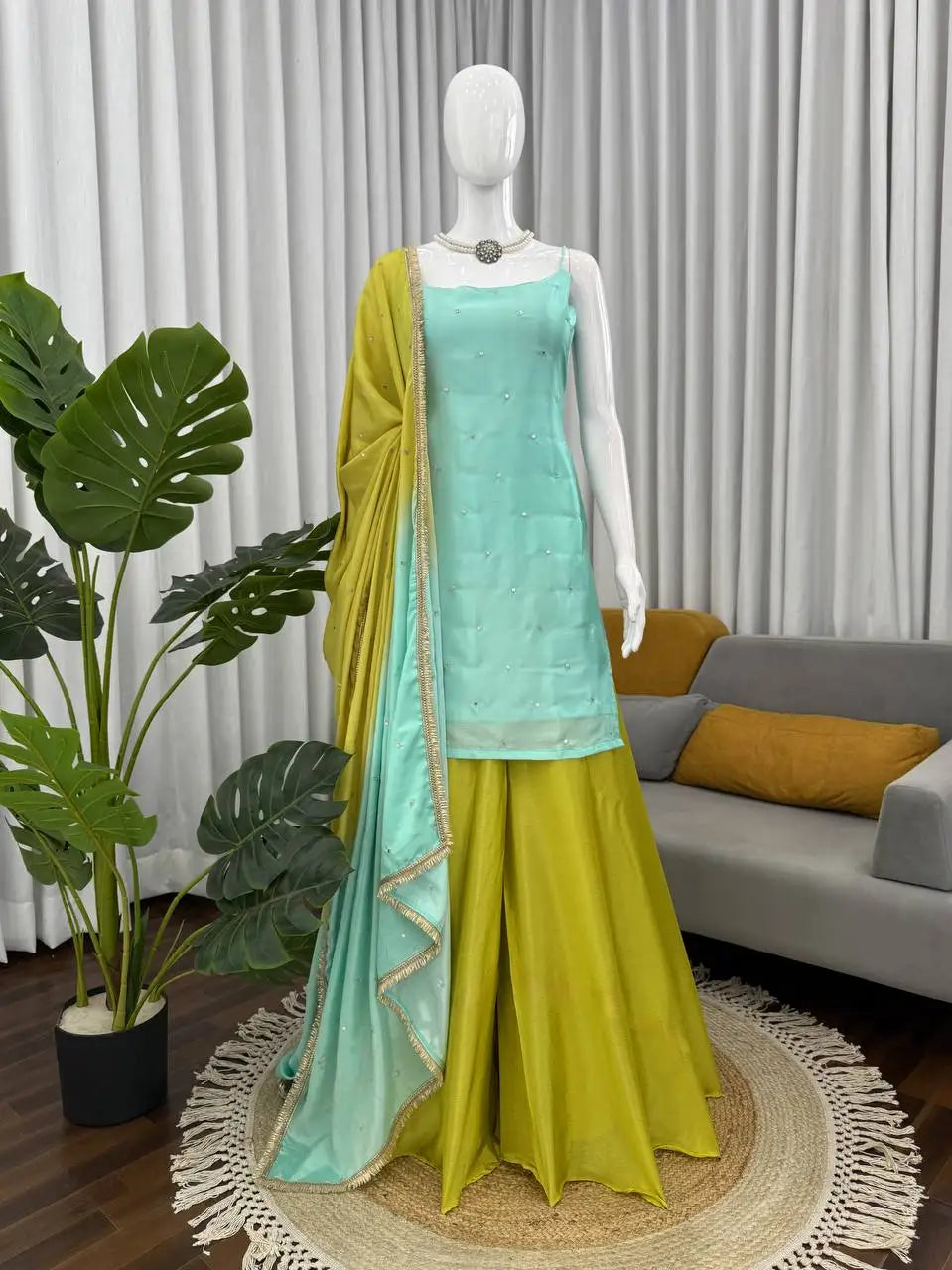 Fancy  Indian and Pakistani Clothing Chinon Silk Sequence Embroidered Work Top and Plazzo with Dupatta