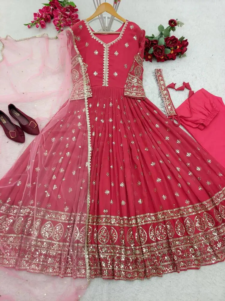 Fancy Georgette Embroidery Gown with Dupatta Set New Designer Sequence Work Collection for Indian & Pakistani Clothing