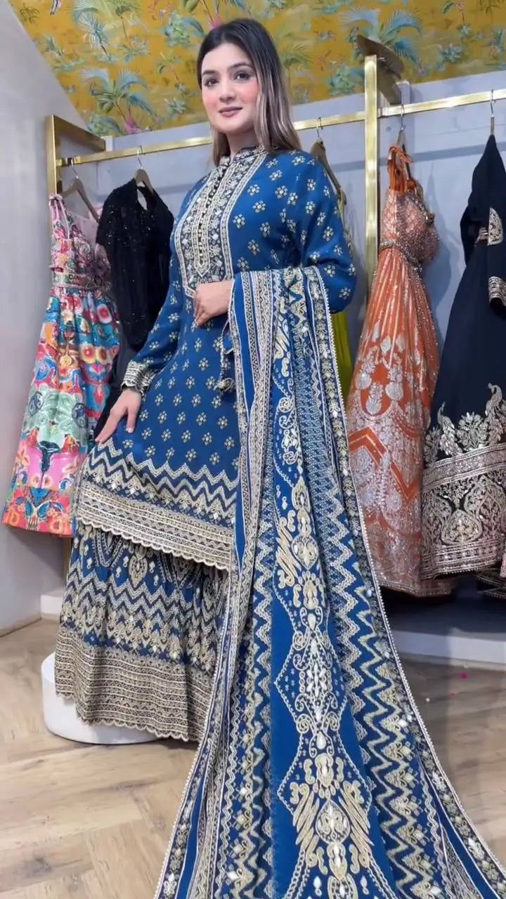 Designer Exclusive Printed Top Sarara with Dupatta Set for Indian & Pakistani Wedding Party Diwali-Wrinkle Free All Seasons Wear