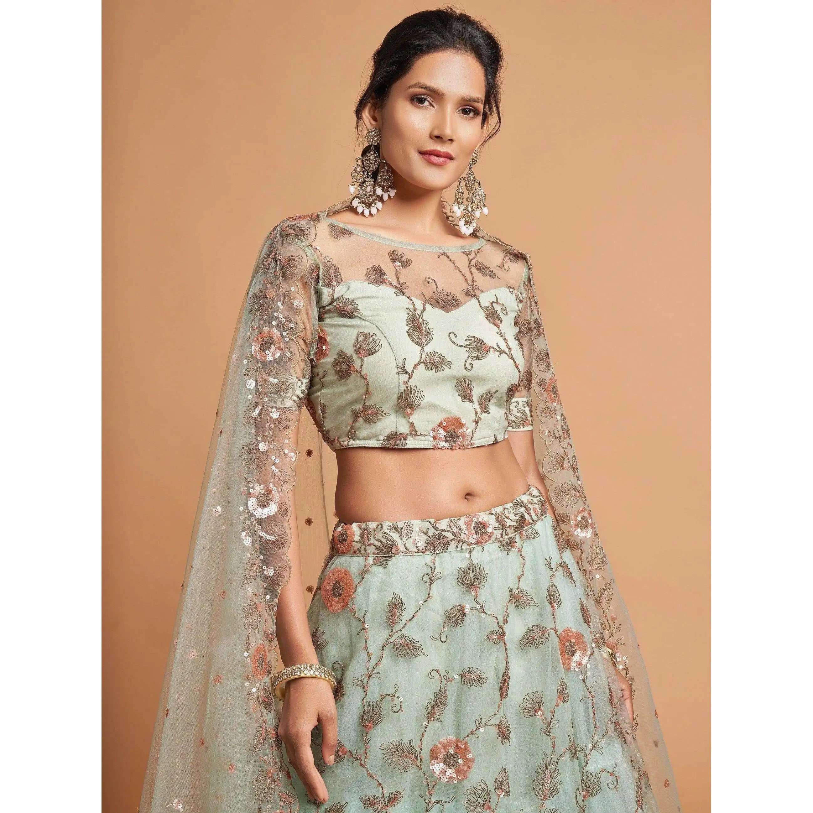 Impressive Pista Green Thread Net Evening Dress Lehenga Choli for Party Wear