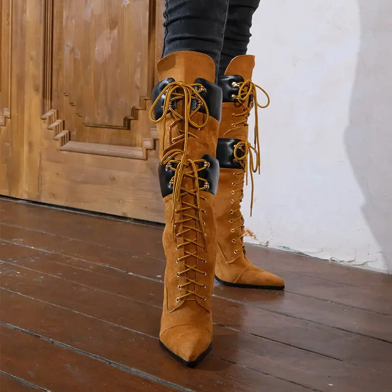 Onlymaker Women Pointed Toe Double Stiletto High Heel Lace Up Mid-Calf Boots